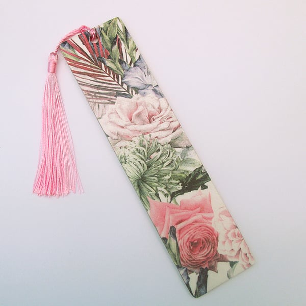 Cottage chic floral wood decoupage bookmark with tassel