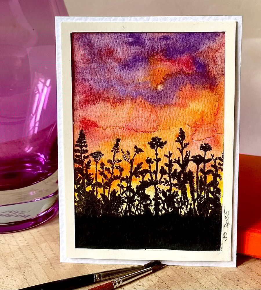Hand painted watercolour sunset with hand printed wildflowers, blank card