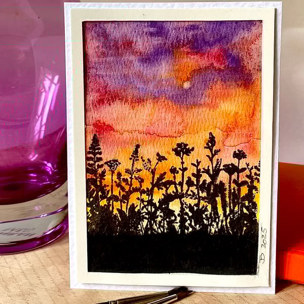 Hand painted watercolour sunset with hand printed wildflowers, blank card