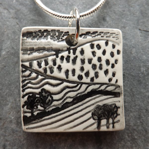 Handmade Ceramic Landscape pendant in black, white and grey