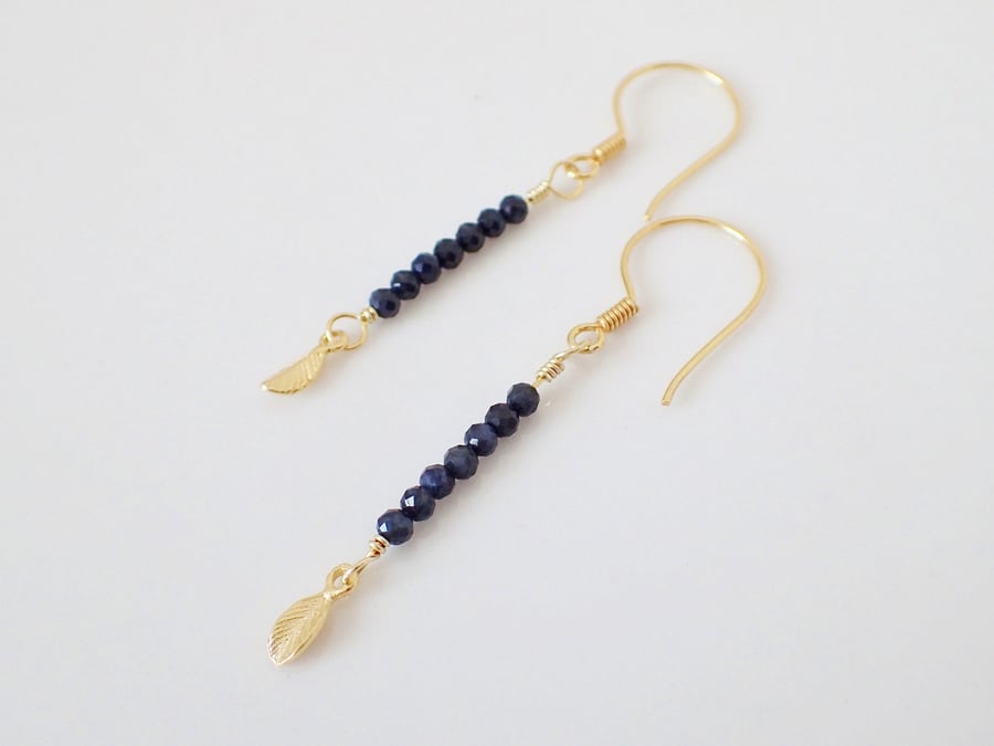 Dainty Natural Sapphire Gold Leaf Drop Earrings