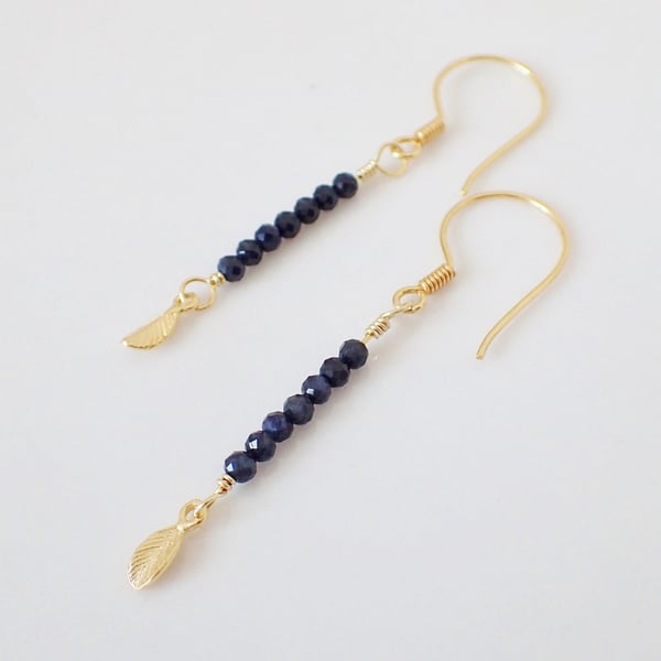 Dainty Natural Sapphire Gold Leaf Drop Earrings