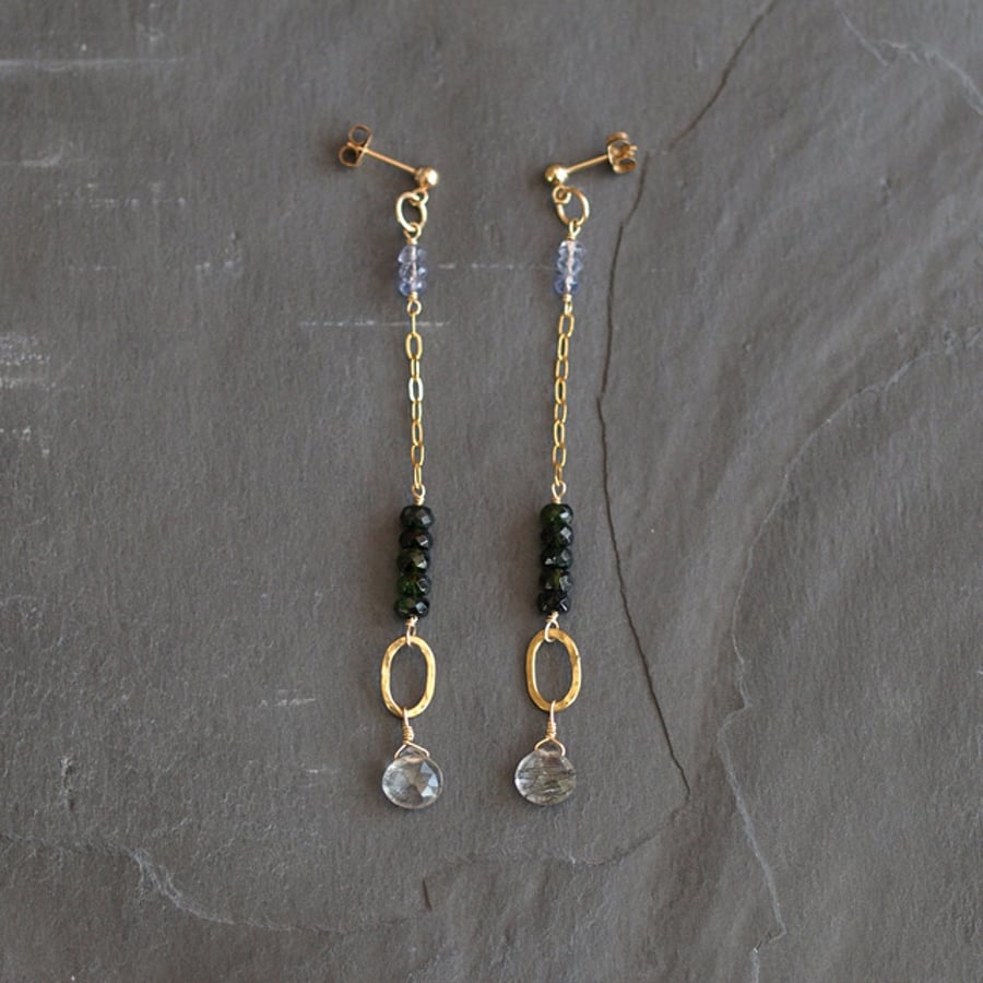 Gold Fill Dangle Earrings with Green Tourmaline, Tourmalinated Quartz and Iolite