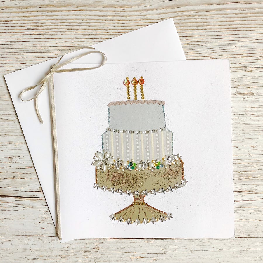 Wedding card - handmade wedding cake card - jewels and glitter