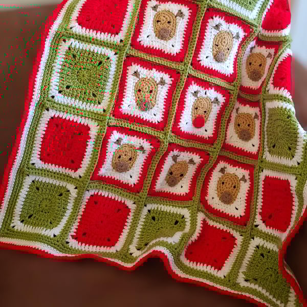 Handmade Crochet Reindeer Christmas Blanket