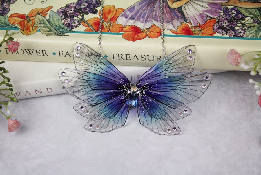 Blue and Purple Midnight Water Fairy Wing Cicada Necklace Fairycore Bridal Pagan