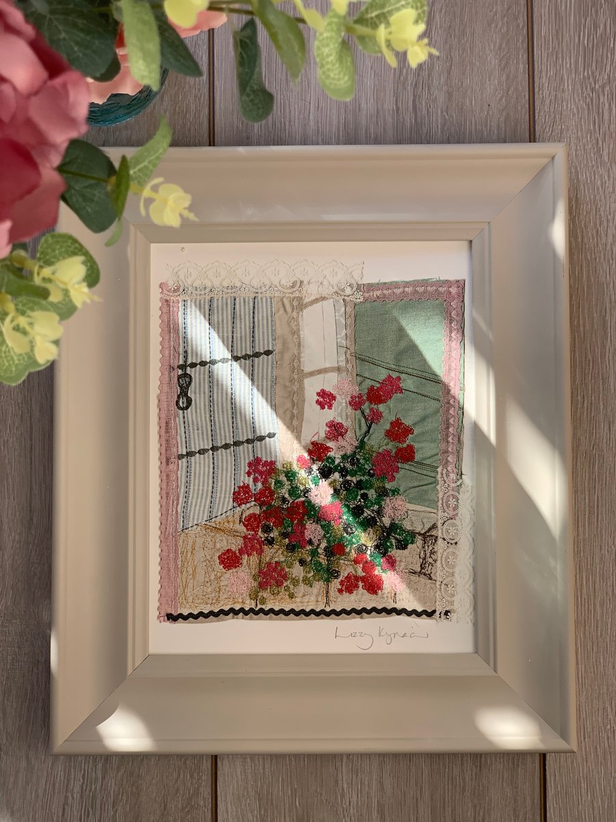 Giclée print of window with geraniums