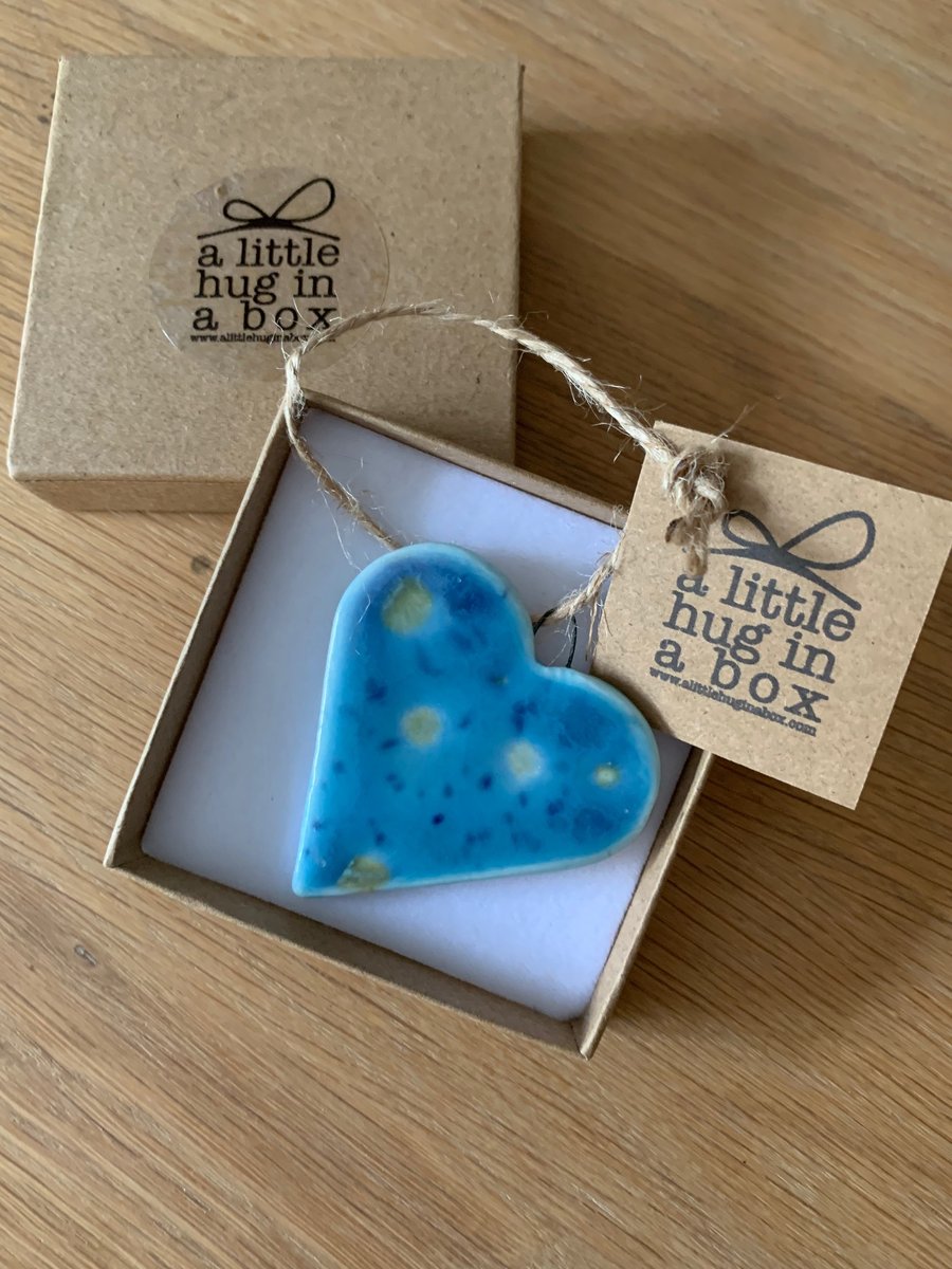  A Little Hug in a Box Hand Made Turquoise and Green Speckled Porcelain Heart  