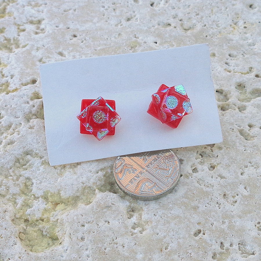 Dichroic glass earrings Sparkly red square studs