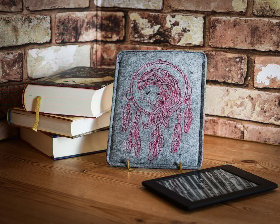 Dream catcher girl embroidered felt and leather kindle ereader ebook sleeve case