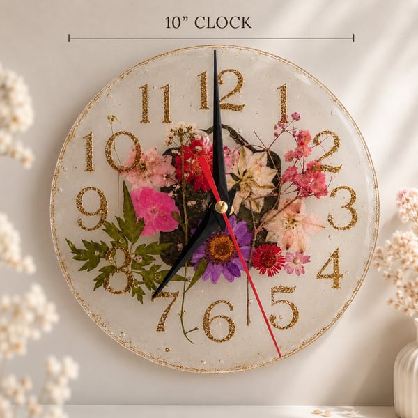 Handmade Resin Floral Wall Clock with Real Pressed Flowers 10 Inch