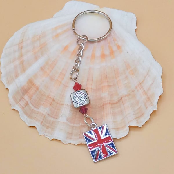 Silver Plated Union Jack and Crystal Keyring, End of Term Gift, Thank you Gift