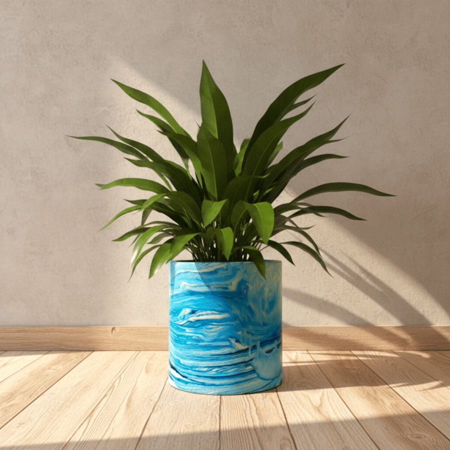Large 19cm Blue Marbled Statement Plant Pot, Handmade Indoor Planter