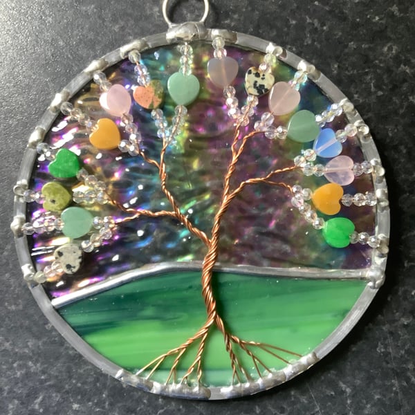 Mixed gemstone hearts tree of life suncatcher