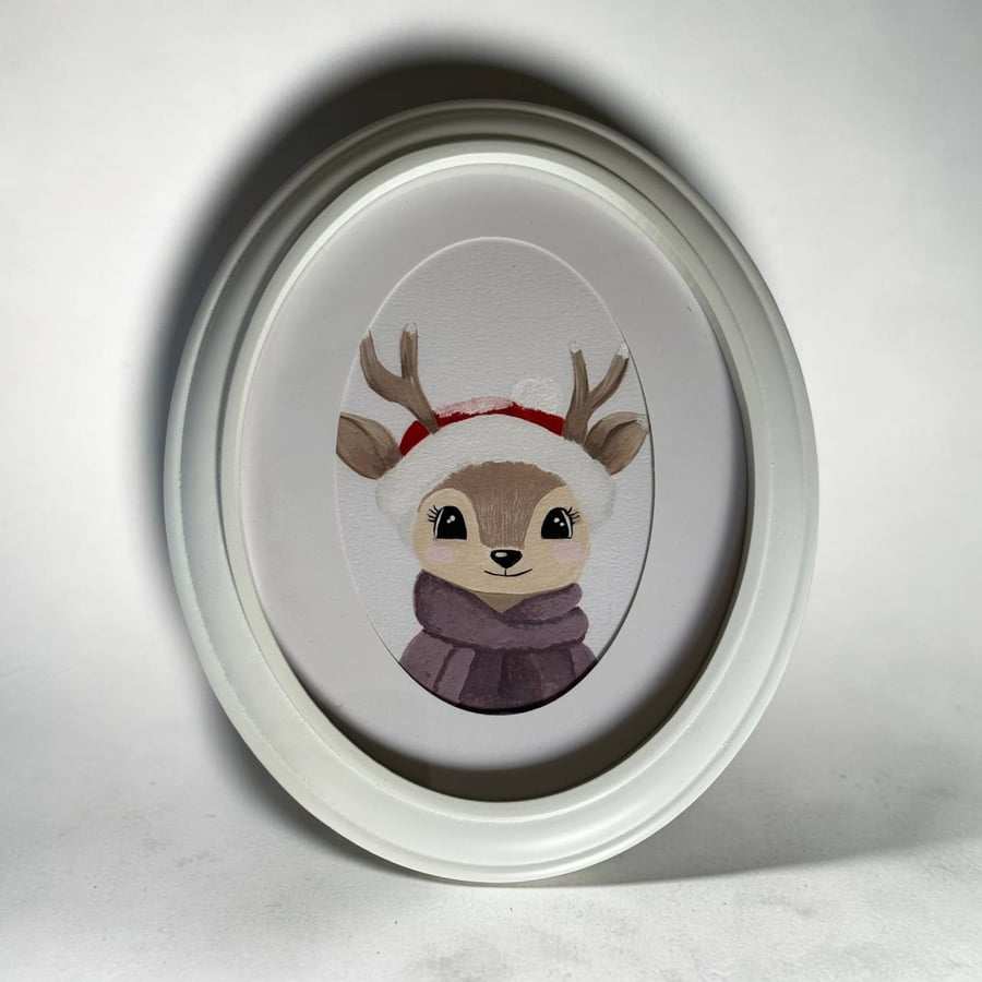 Hand-Painted Fawn Wall Art-Framed Deer painting for Christmas Nursery Decor