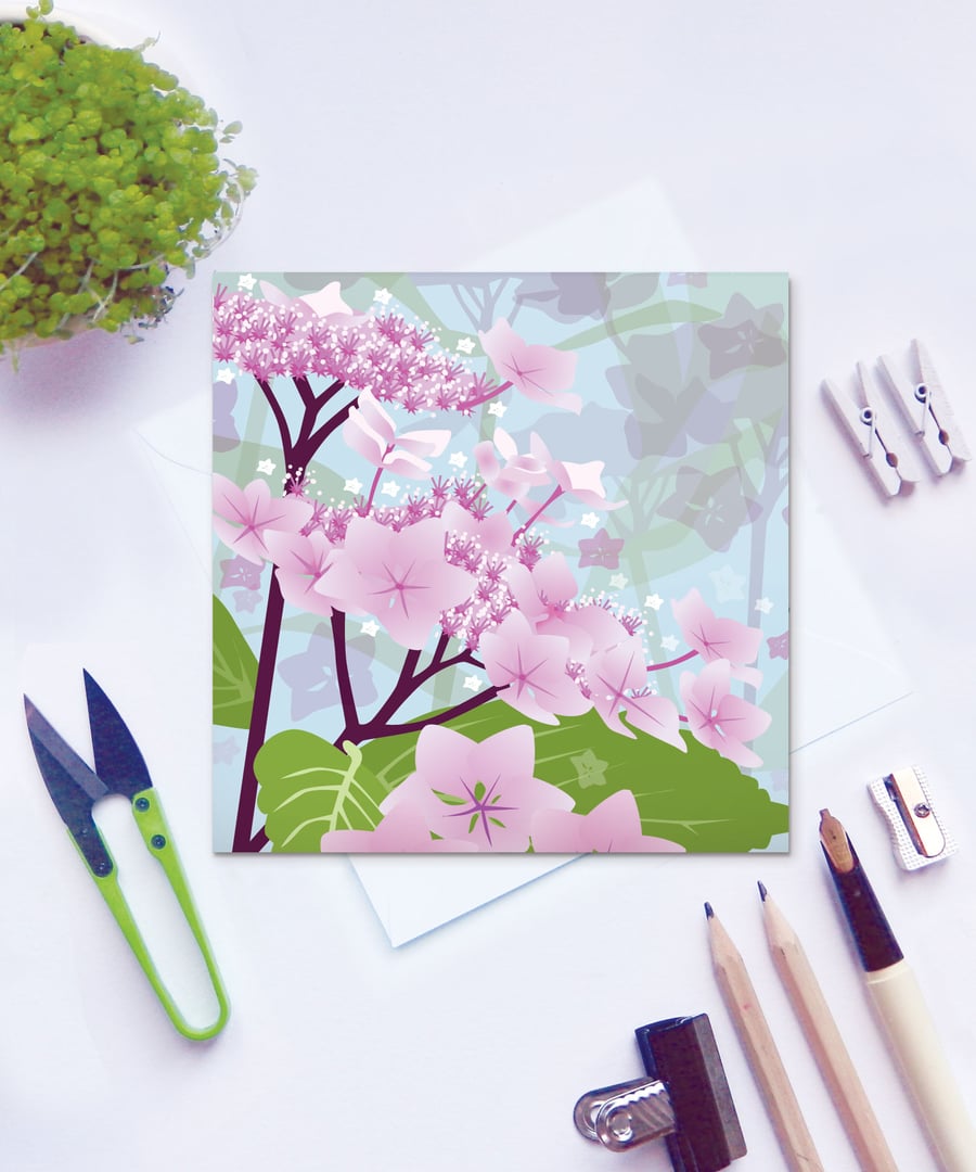Pink Lacecap Hydrangea Card - Summer, floral, blank card