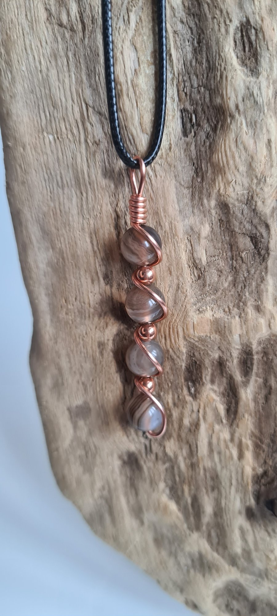 Handmade Natural Brown Banded Agate & Copper Pendant Necklace Gift Boxed