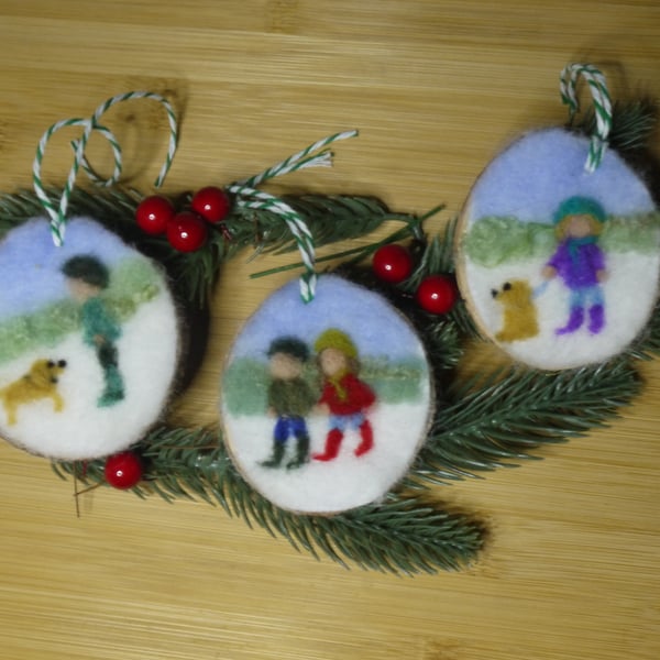 Set of 3 needle felted Christmas Couple log slice ornaments