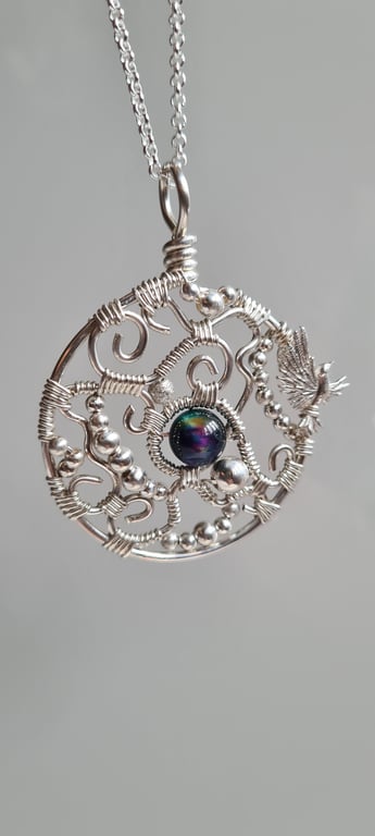 Handmade Large 925 Silver & Galaxy Tiger Eye Hummingbird Pendant Necklace Gift 