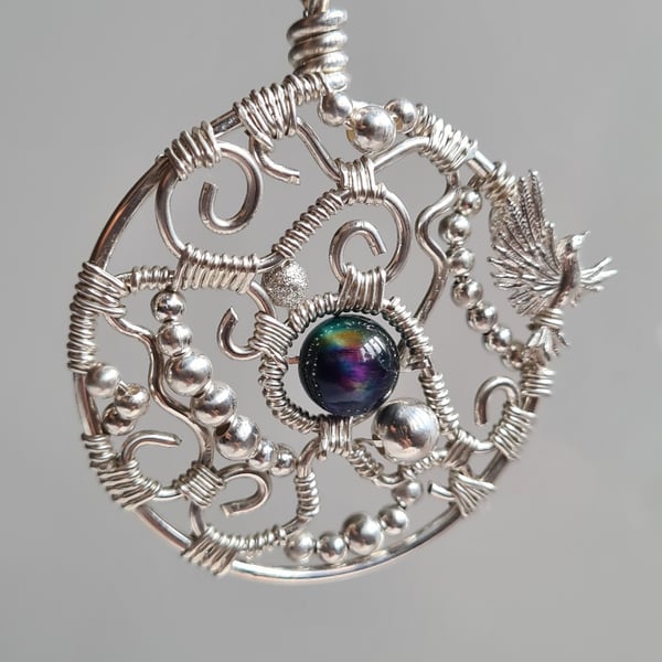 Handmade Large 925 Silver & Galaxy Tiger Eye Hummingbird Pendant Necklace Gift 