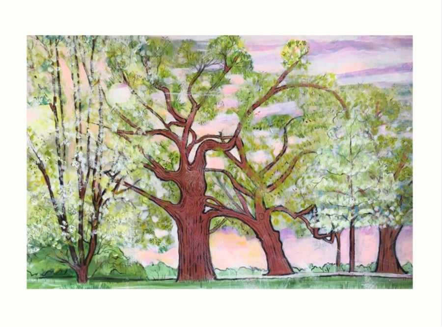 ‘Wrestling Trees Adorned In Their Finery’ Art Print By Sally Anne Wake Jones