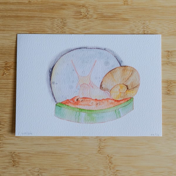 Midnight Feast, Snail on a watermelon, watercolour print. SECONDS.