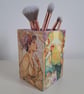 Decoupage Wooden Brush Pot, Vintage Art Nouveau Portrait, Makeup Storage - Image 3
