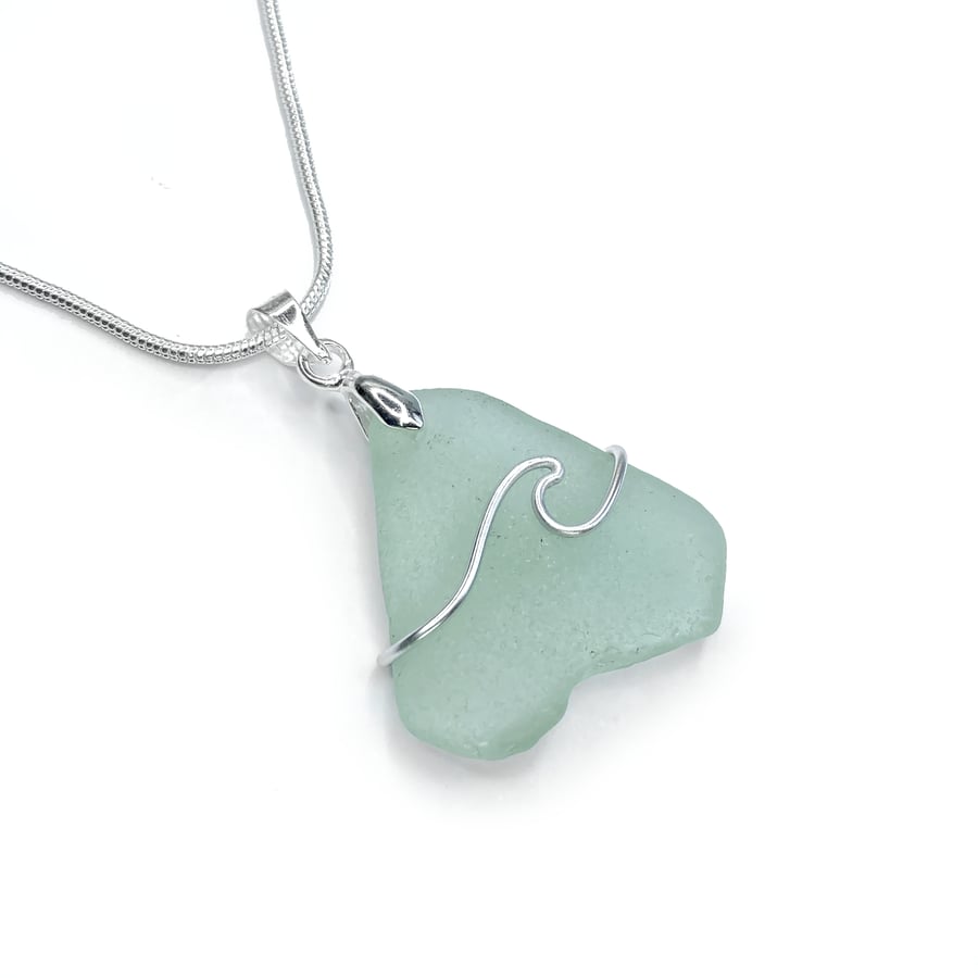 Sea Glass Necklace - Green Beach Glass, Silver Handmade Wave Pendant Jewellery