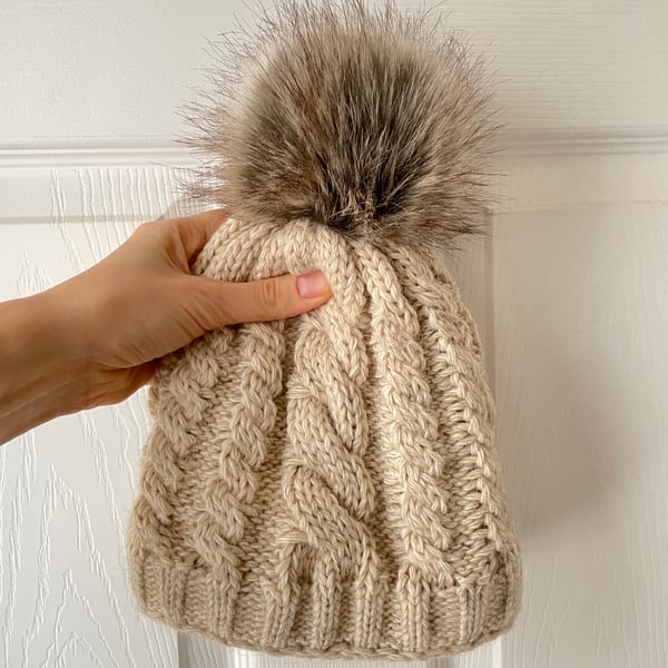 Extra warm hand knit cabled hat in cream faux fur pompom