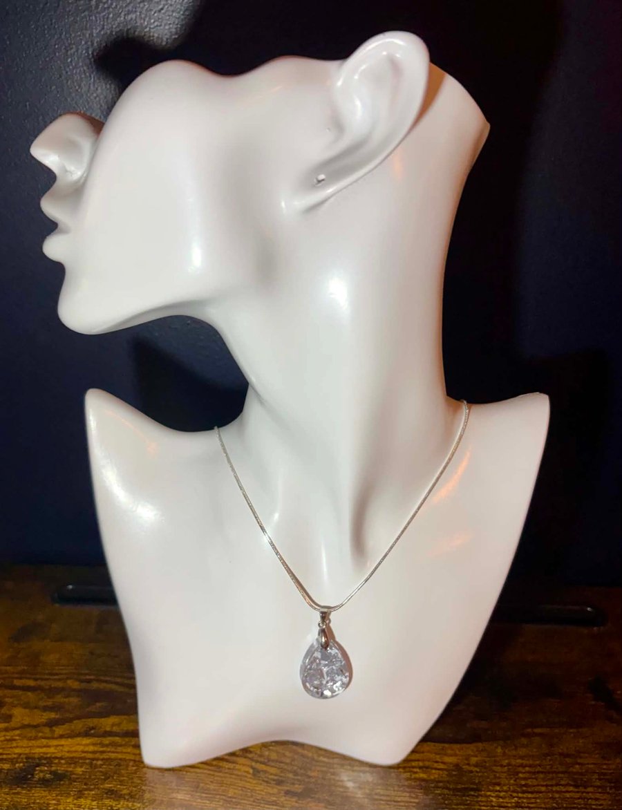 Handmade Silver Tone Necklace with Clear Resin Drop Pendant & Silver Leaf