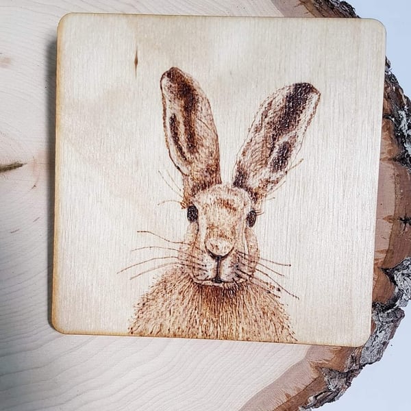 Hand Burned Wooden Coaster - Hare