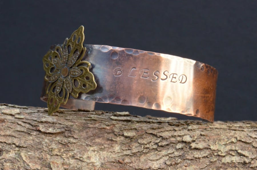 Blessed Handmade Hand Stamped Oxidised Hammered Copper Cuff with Flower Rivet