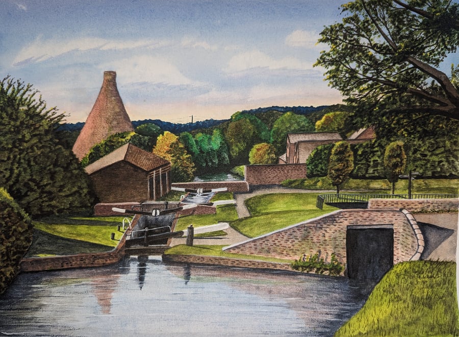 Stourbridge Locks CanalsRed House Glass Cone West Midlands A4 Watercolour Print