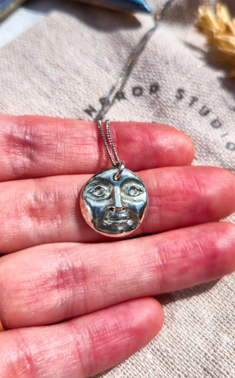 Mini Moon Necklace - Celestial Moon Face Necklace, Solid Recycled Silver, Moon 