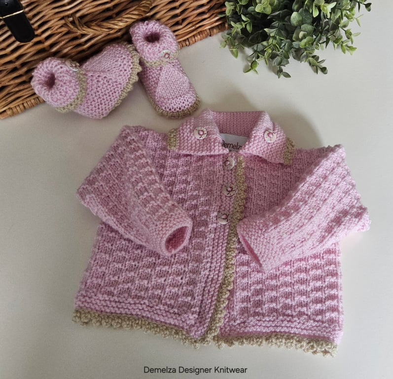 Baby Girl's Pink Hand Knitted Jacket & Booties Set 0-6 mths size 