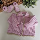 Baby Girl's Pink Hand Knitted Jacket & Booties Set 0-6 mths size 