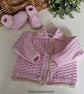 Baby Girl's Pink Hand Knitted Jacket & Booties Set 0-6 mths size 