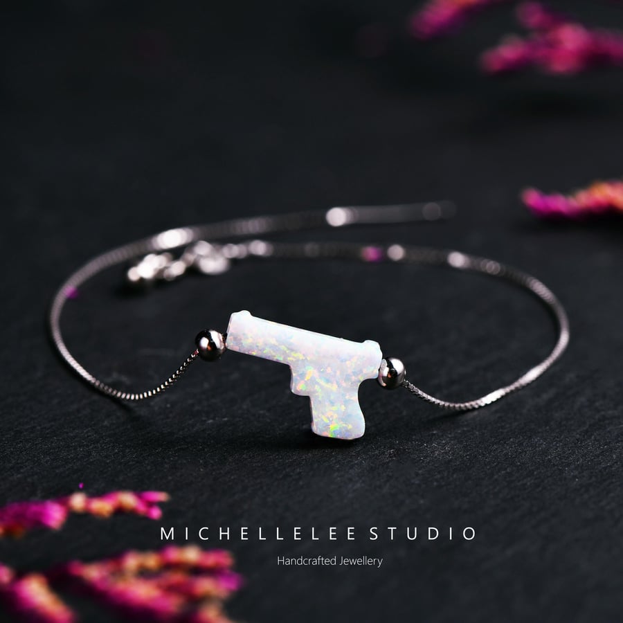 White Opal Or Black Opal Gun Bracelet with 925 Sterling Silver Chain
