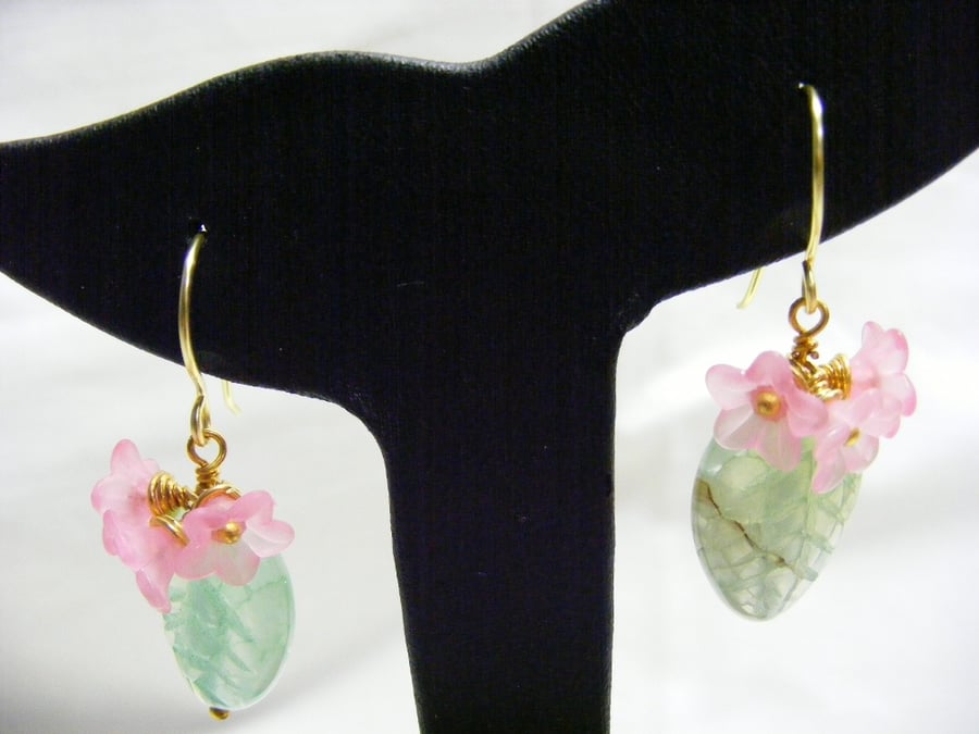Green Leaves with Pink Flower Earrings.