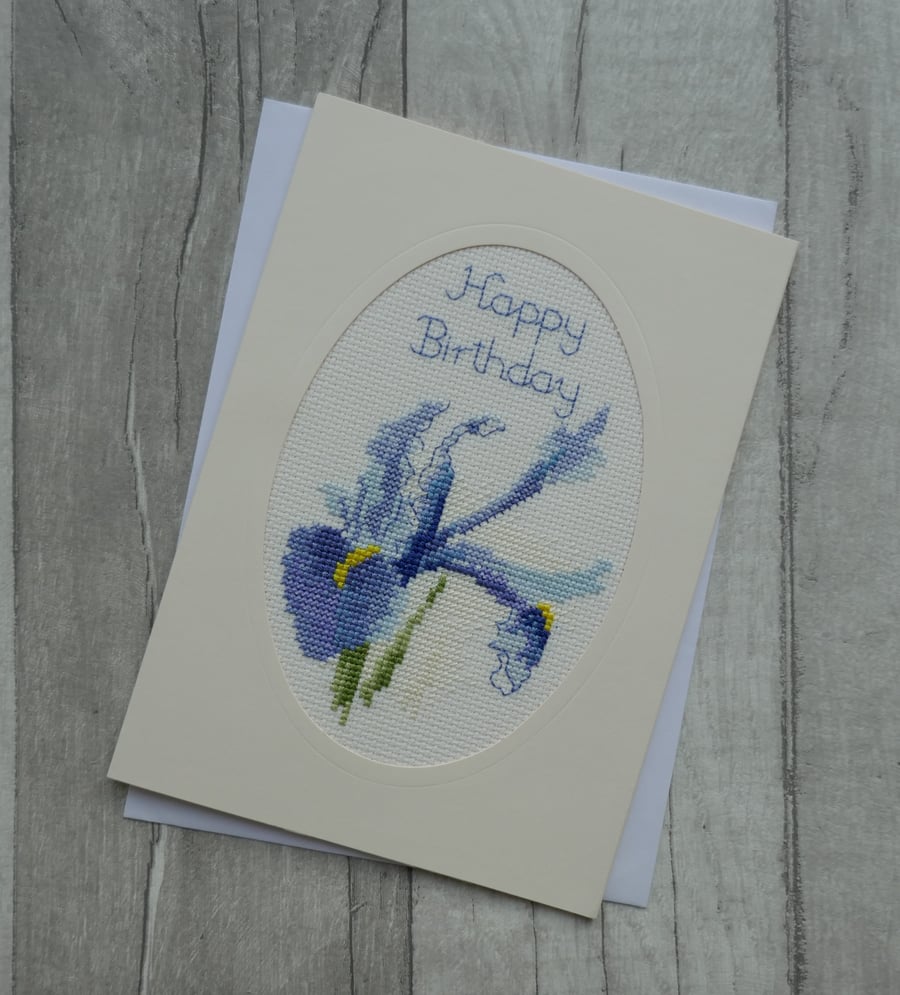 Cross Stitch Iris - Happy Birthday - Birthday Card