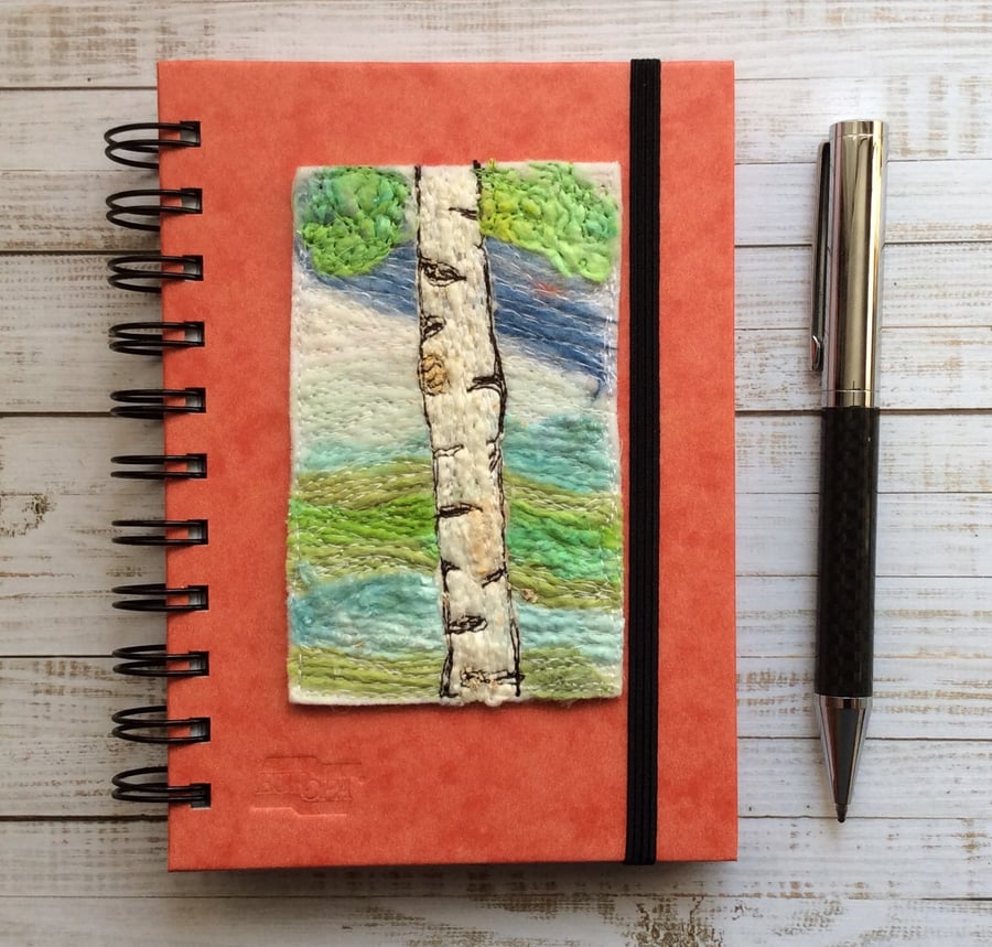 Embroidered silver birch A6 lined notebook.