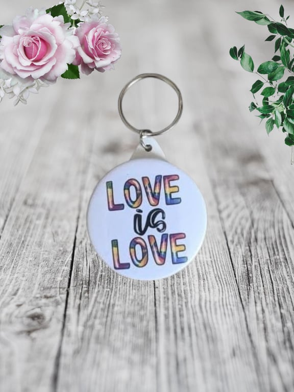 Love is Love Pride Keyring with Rainbow Colours Design