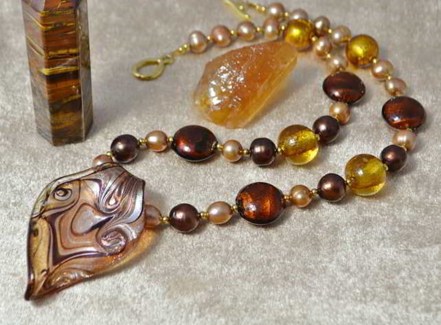 Autumn Shades Murano Glass & Pearl Necklace