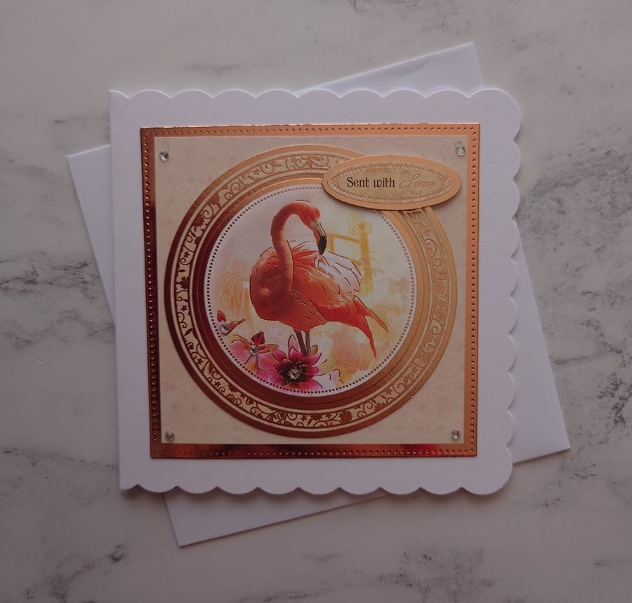 Sent With Love Flamingo Vintage Rose Gold Roses 3D Luxury Handmade Card