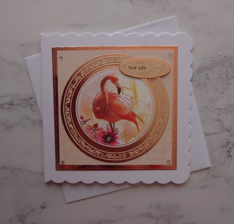 Sent With Love Flamingo Vintage Rose Gold Roses 3D Luxury Handmade Card