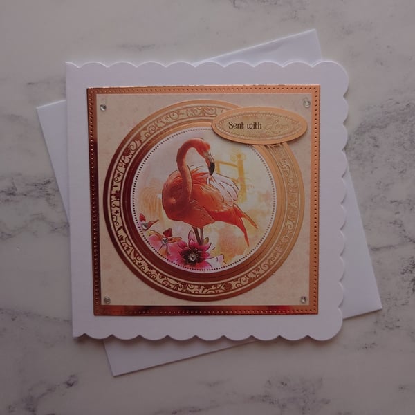 Sent With Love Flamingo Vintage Rose Gold Roses 3D Luxury Handmade Card