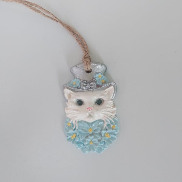 Clay Cat in a Top Hat Hanging Decoration 