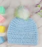 Crochet Baby Hat, Blue Newborn Beanie with Detachable Rainbow Pom, 0-3 Months - Image 5