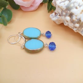 Blue Ceramic Oval Bead with Gold Coloured Edge and Crystal Earrings