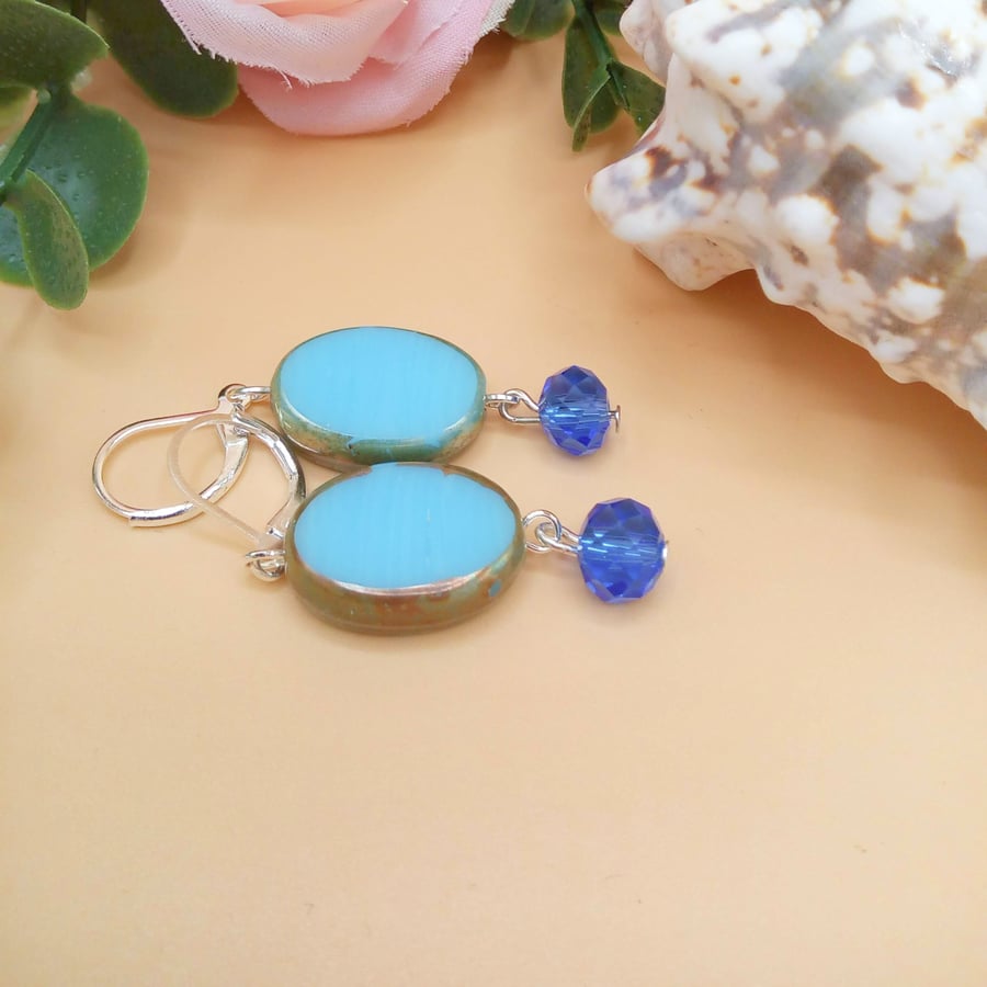 Blue Ceramic Oval Bead with Gold Coloured Edge and Crystal Earrings